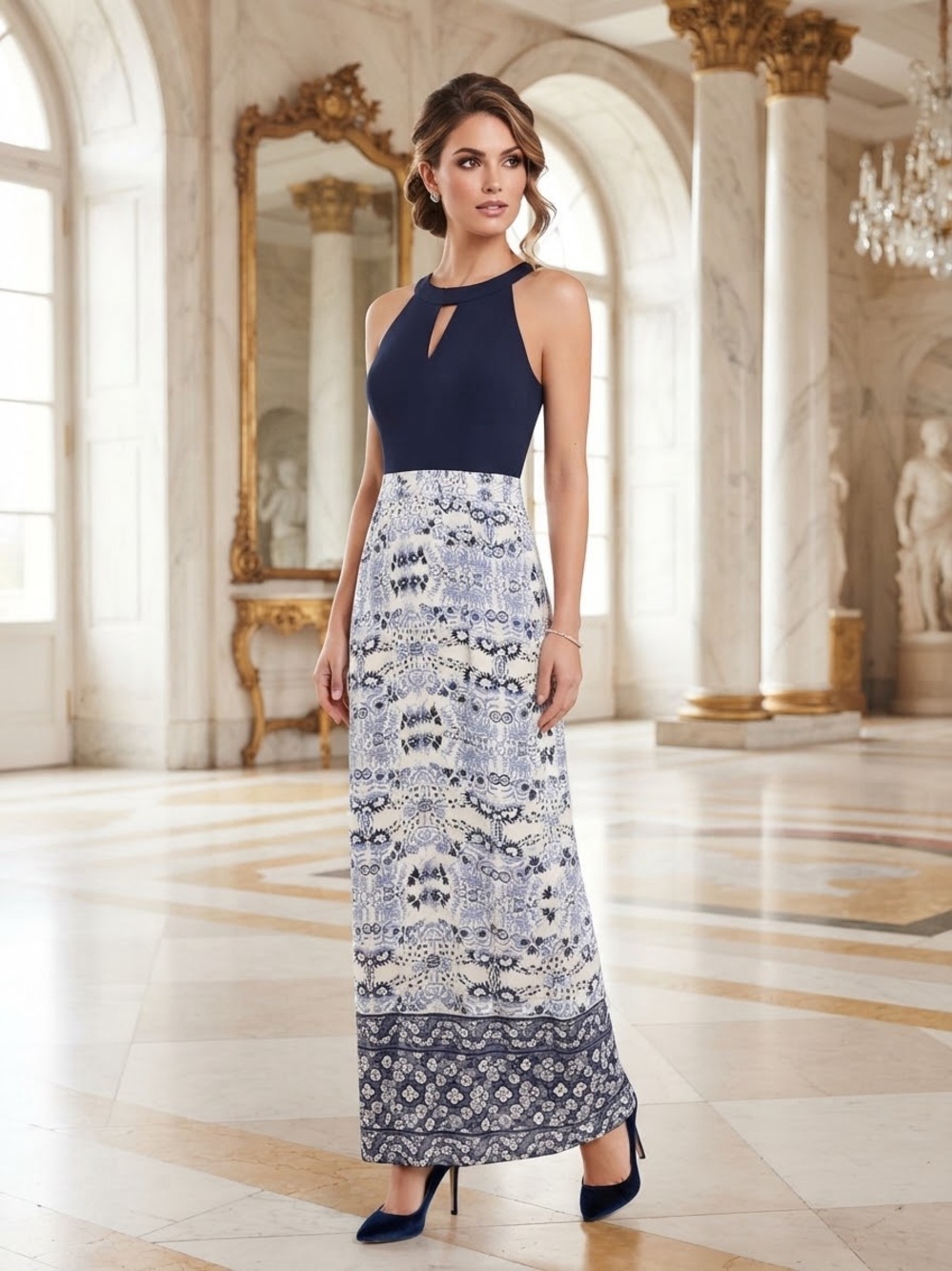 Vince Camuto Navy Halter Maxi Dress with White Patterned Skirt